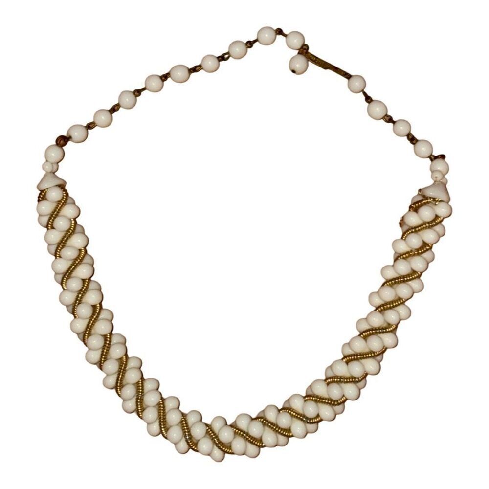 West Germany Vintage Gold Tone Coil Twisted Spiral White Glass Beaded Choker